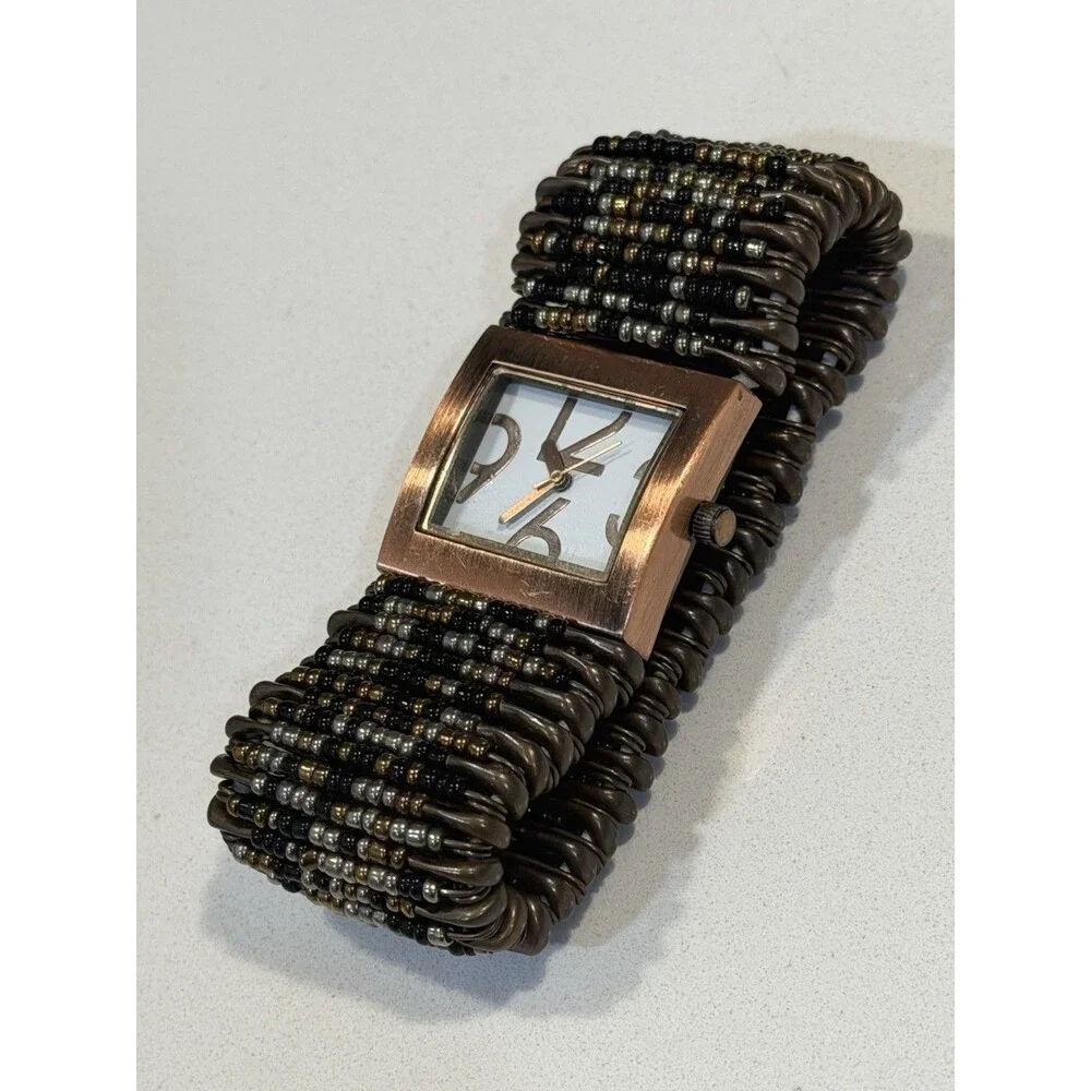 Vintage Copper Tone Square Face Watch Beaded Safety Pin Stretch Cuff New Battery